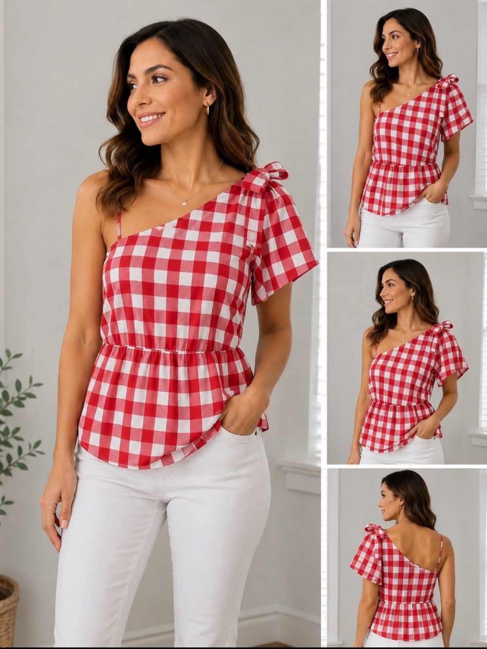 Aura Red Checkerboard one sleeves Self Tie  Top size XS